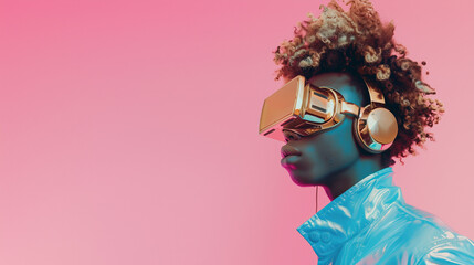 A futuristic, minimalistic cyber scene featuring a young man wearing VR glasses, immersed in virtual reality, showcasing technological progress and the integration of artificial intelligence.