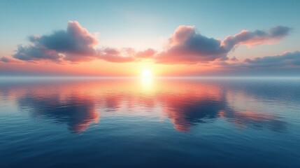 Fototapeta premium Serene Sunset Reflection on Calm Ocean Waters with Cloudscape.