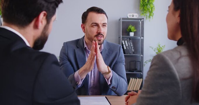 HR manager greeting applicants, male solicitor meets, lawyer, broker, consultant, real estate agent, thanking for consultation, positive business partners at meeting in office, satisfied negotiations