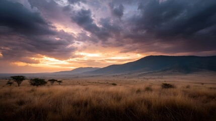 Obraz premium Dramatic sunset over a vast savanna landscape with distant mountains and stormy clouds