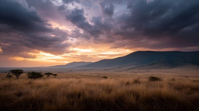 Dramatic sunset over a vast savanna landscape with distant mountains and stormy clouds