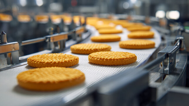 Round golden biscuits moving along a conveyor belt in an industrial bakery showcasing automated food production and manufacturing processes