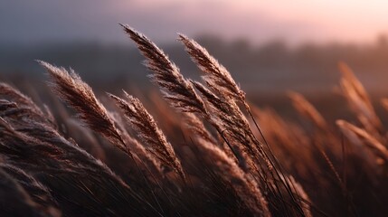 Tall dry grasses with feathery plumes sway in the wind illuminated by the warm golden light of a setting sun