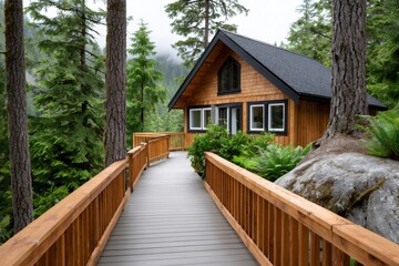 Wooden cabin with walkway in a lush forest