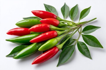 Fresh hot red green chili peppers with leaves