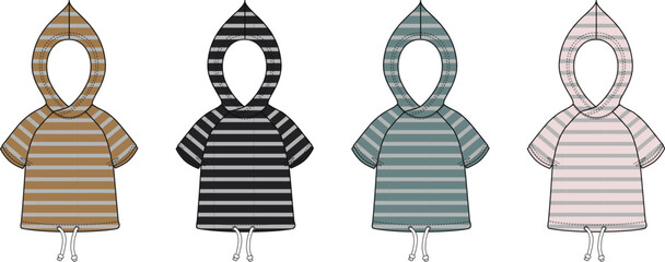 Set of children's striped hooded ponchos in four color options. Vector fashion flat sketch template for kids apparel and beachwear design
