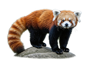 Captivating portrait of a fluffy red panda standing elegantly on a rock, exhibiting its vibrant fur and curious gaze.