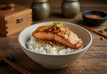 Delicious and healthy salmon teriyaki on steamed white rice in a rustic bowl, featuring aromatic toppings and a wooden background.