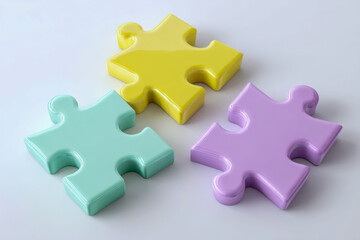 Three glossy pastel colored puzzle pieces in yellow, mint green, and lavender arranged on a clean white surface symbolizing unity and problem-solving concepts
