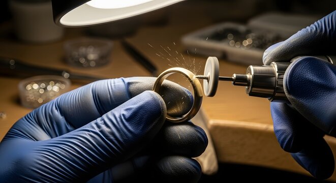 A close-up shot of a jeweler's hands in blue gloves polishing a gold ring with a rotary tool under a bright lamp.