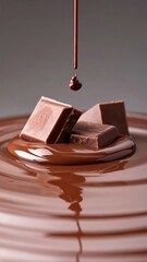 Chocolate Cascade: A close-up shot of melted chocolate cascading over pieces of chocolate, inviting indulgence and capturing the rich texture and deliciousness.