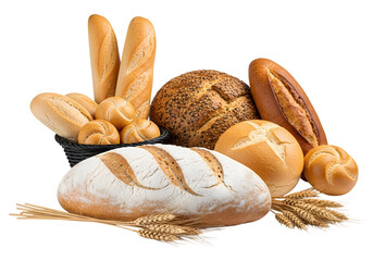 Isolated bread basket with assorted breads , Composition with bread and rolls isolated on white