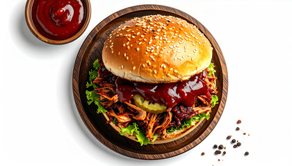 Pulled Pork Sandwich with BBQ on White Background 