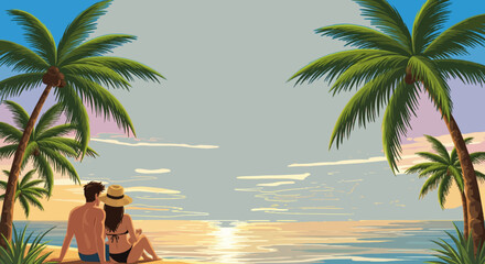 Vector illustration of a happy couple enjoying a luxury sunset on the beach during summer vacation.