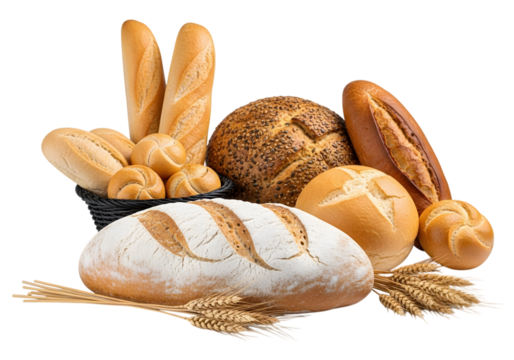 Isolated bread basket with assorted breads , Composition with bread and rolls isolated on white