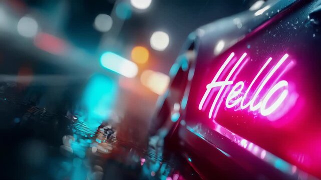 Vibrant pink Hello neon sign on a rainy street, creating a moody urban night ambiance