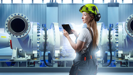 Industrial machinery inspection conducted by female engineer with tablet, wearing helmet and...