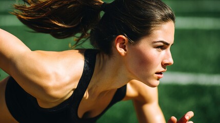 Athletic woman engaged in outdoor sports, captured in dynamic motion with natural sunlight and blurred background.