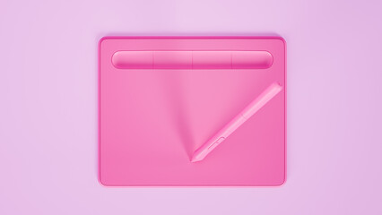 Digital drawing tablet with stylus in vibrant pink color, minimalist design on pastel background, used for creative graphic design, illustration and digital art.