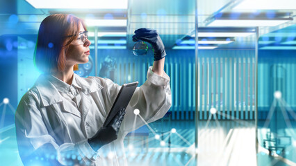 Laboratory research conducted by female scientist in protective coat and gloves, holding flask with liquid and analyzing data on tablet in modern science facility.