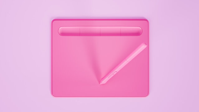 Digital drawing tablet with stylus in vibrant pink color, minimalist design on pastel background, used for creative graphic design, illustration and digital art.