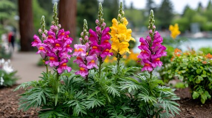 Obraz premium Colorful snapdragon flowers blooming in a vibrant park garden