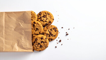 Chocolate chip cookies on a paper bag over, copy space  