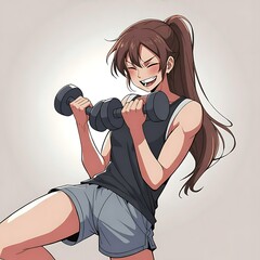 Obraz premium Anime woman with ponytail lifting dumbbells with determination