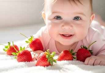 Cute baby photoshoot surrounded by fresh strawberries