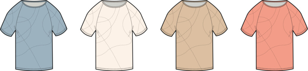 A collection of four essential short-sleeved t-shirts in various muted tones, perfect for versatile everyday styling and comfortable casual wear, ideal for basic wardrobe needs