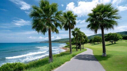 Fototapeta premium Palm trees lining coastal golf course with ocean vista
