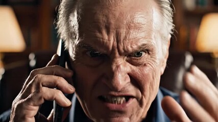 Angry senior man shouting on phone in dark room with emotional expression and warm lighting  
 - Powered by Adobe