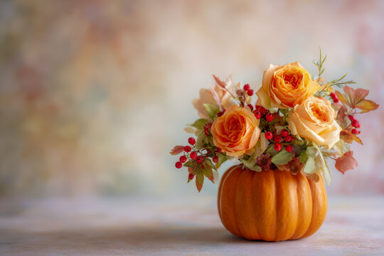 Elegant autumn floral arrangement featuring vibrant orange roses and red berries displayed inside a small decorative pumpkin on a blurred pastel background - Powered by Adobe