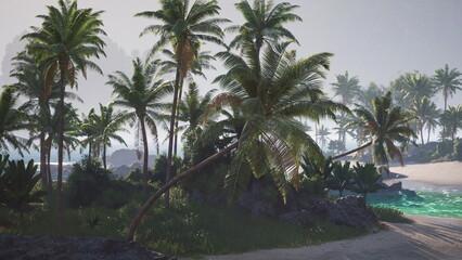 Obraz premium A vibrant coastal landscape showcases tall palm trees swaying gently. The turquoise water meets the soft sand, creating a peaceful and inviting atmosphere during the day.