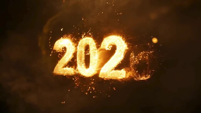 4K New Year animation. A countdown from a burning number 5. The text "2026" is revealed, on fire with hot flames, sparks, and embers