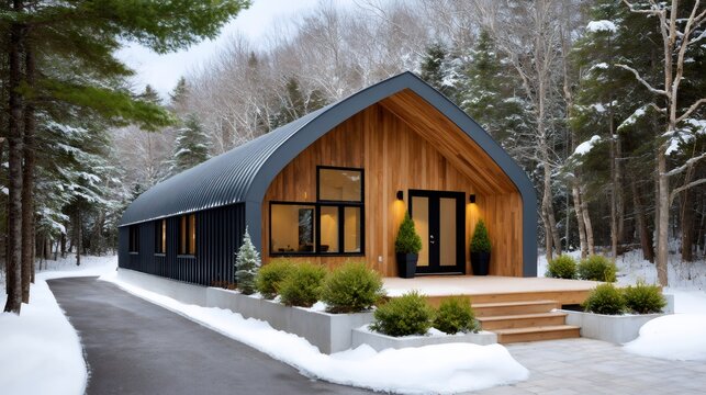 Modern quonset house design in snowy winter forest