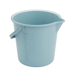 Light blue plastic measuring bucket with handle isolated on transparent background