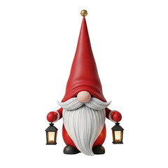 Red hat gnome holding lanterns isolated on transparent background