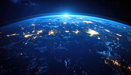 Obraz premium Orbital View of Earth at Night with City Lights Visible from Space Showing Continents and Atmosphere Illuminated by Sunlight Horizon