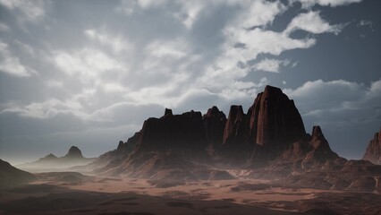 Naklejka premium Breathtaking rock formations rise dramatically from the sandy landscape, illuminated by soft sunlight. Clouds drift lazily above, adding depth to the vast desert scenery, captivating observers.