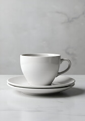Obraz premium White coffee cup and saucer set on marble surface. Empty cup and saucer resting on a light gray marble table.