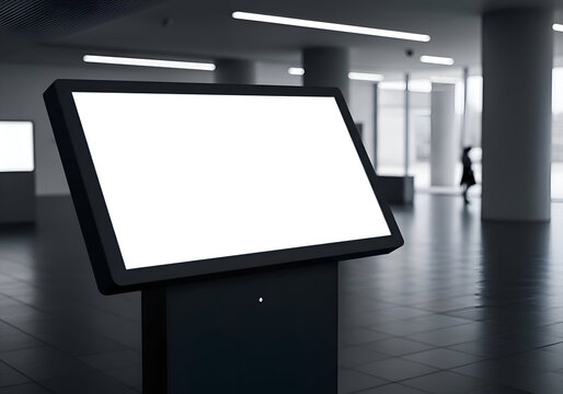 Blank interactive kiosk in modern interior with blurred figures. Empty display showing potential for advertising or information.