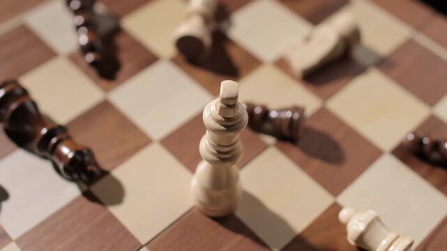 Artistic Chess Scene with Scattered Pieces and a Single King Depicting Abstract Concepts of Ambition, Foresight, Risk, and the Relentless Pursuit of Triumph Through Strategy and Mental Strength