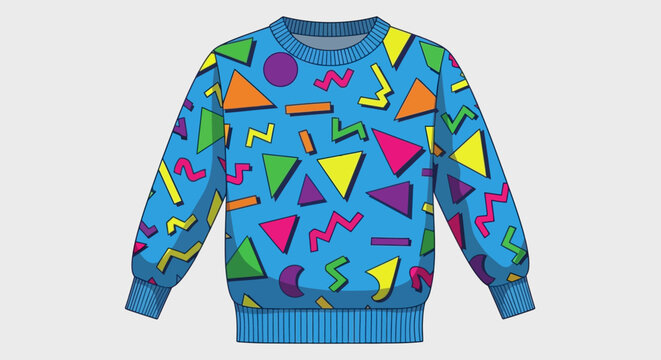A vibrant blue sweatshirt adorned with a retro geometric pattern of colorful triangles, circles, and squiggly lines.