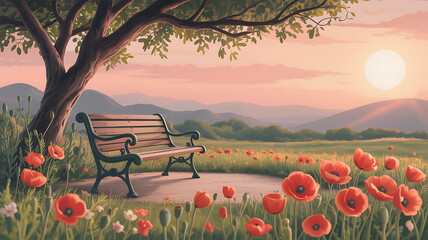 Tranquil park bench under a tree surrounded by poppies at sunset with rolling hills
