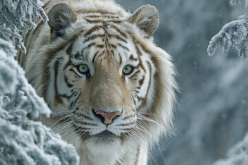 A white tiger stares at the camera among snow-covered trees.