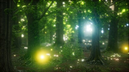 Fototapeta premium Sunlight filters through lush green leaves, illuminating a tranquil forest. Glimmering orbs of light dance around ancient trees, creating an enchanting atmosphere as nature thrives.