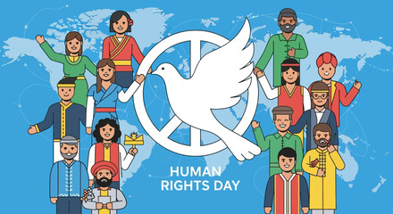 A diverse group of people from different cultures holding hands around a peace symbol with a dove and a world map, celebrating Human Rights Day.