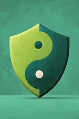 A striking shield illustration with yin yang symbol. The emblem represents balance and harmony