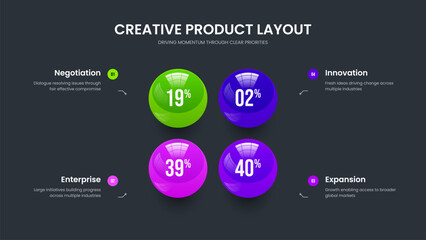 Educational Growth 4 Option Infographic Frame Template. Visual Portfolio Slide Design Vector Illustration. Colorful Development Four Step Graph Presentation Layout.
